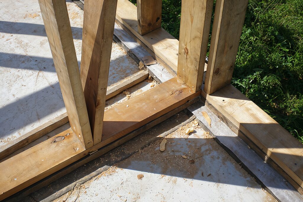 Szkielet drewnianego domu. Łączenia przy posadzce.