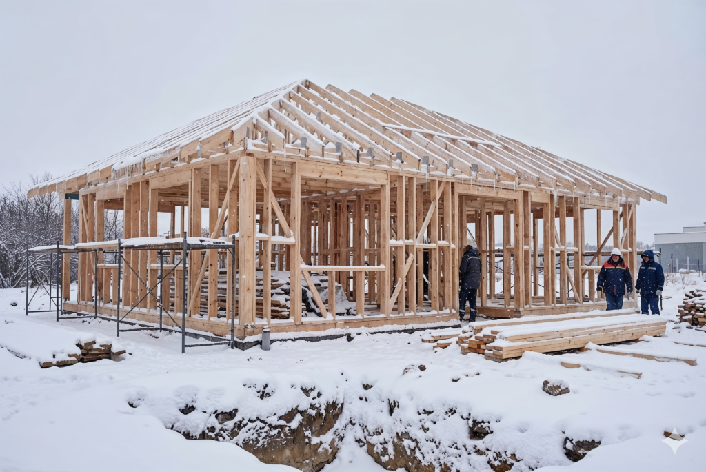 Budowa domu drewnianego szkieletowego zimą